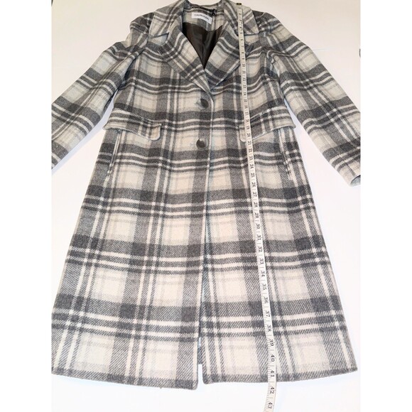 Calvin Klein Walker Plaid Wool Overcoat Single Breasted Pea Coat Gray Cream 10 - Picture 12 of 16